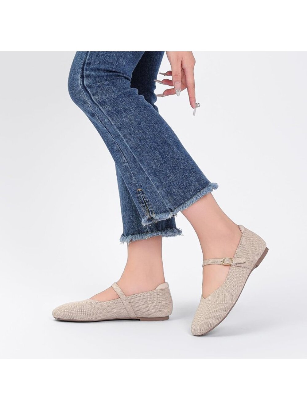 Women's Almond Comfortable Round Toe Ballet Flats with Strap Knit Mary Jane Shoe - Picture 2 of 6